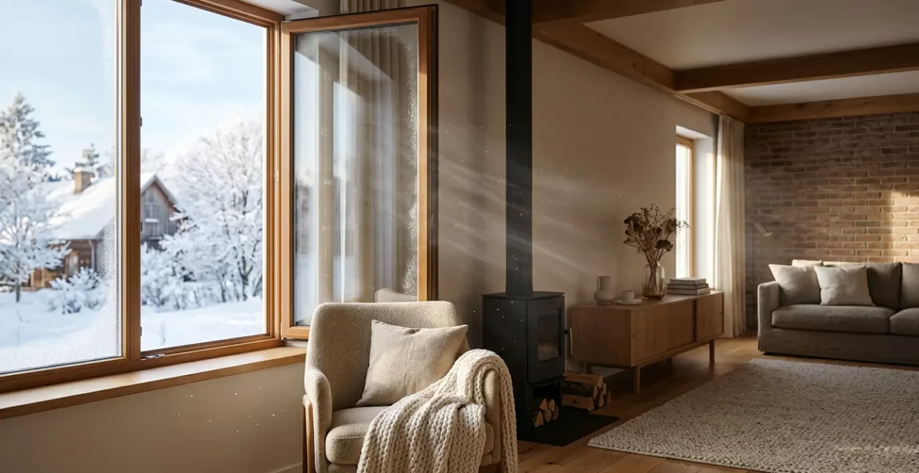 Intérieur chaleureux d'une maison en hiver avec fenêtres ouvertes laissant entrer l'air frais