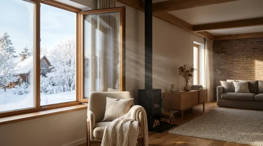 Intérieur chaleureux d'une maison en hiver avec fenêtres ouvertes laissant entrer l'air frais