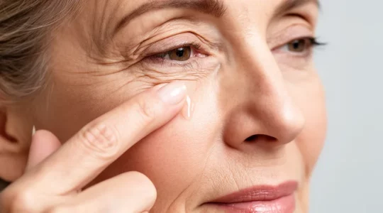 Femme appliquant délicatement un sérum combleur sur ses rides avec un geste précis de tapotement