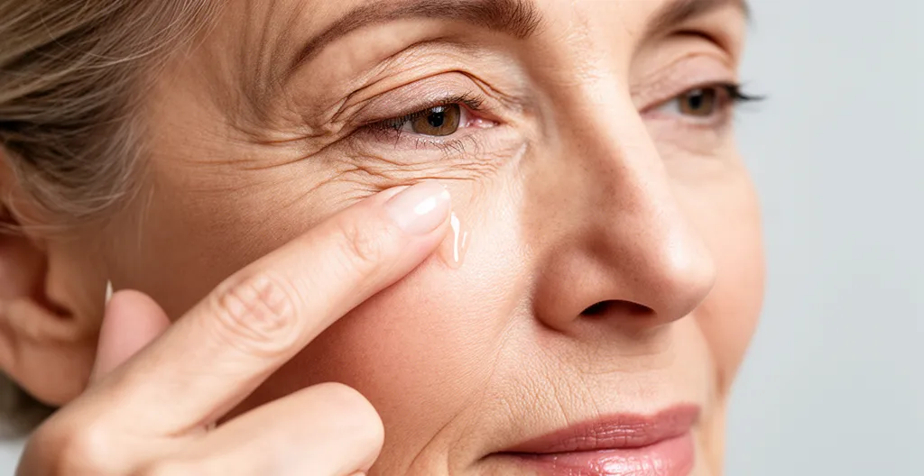 Femme appliquant délicatement un sérum combleur sur ses rides avec un geste précis de tapotement