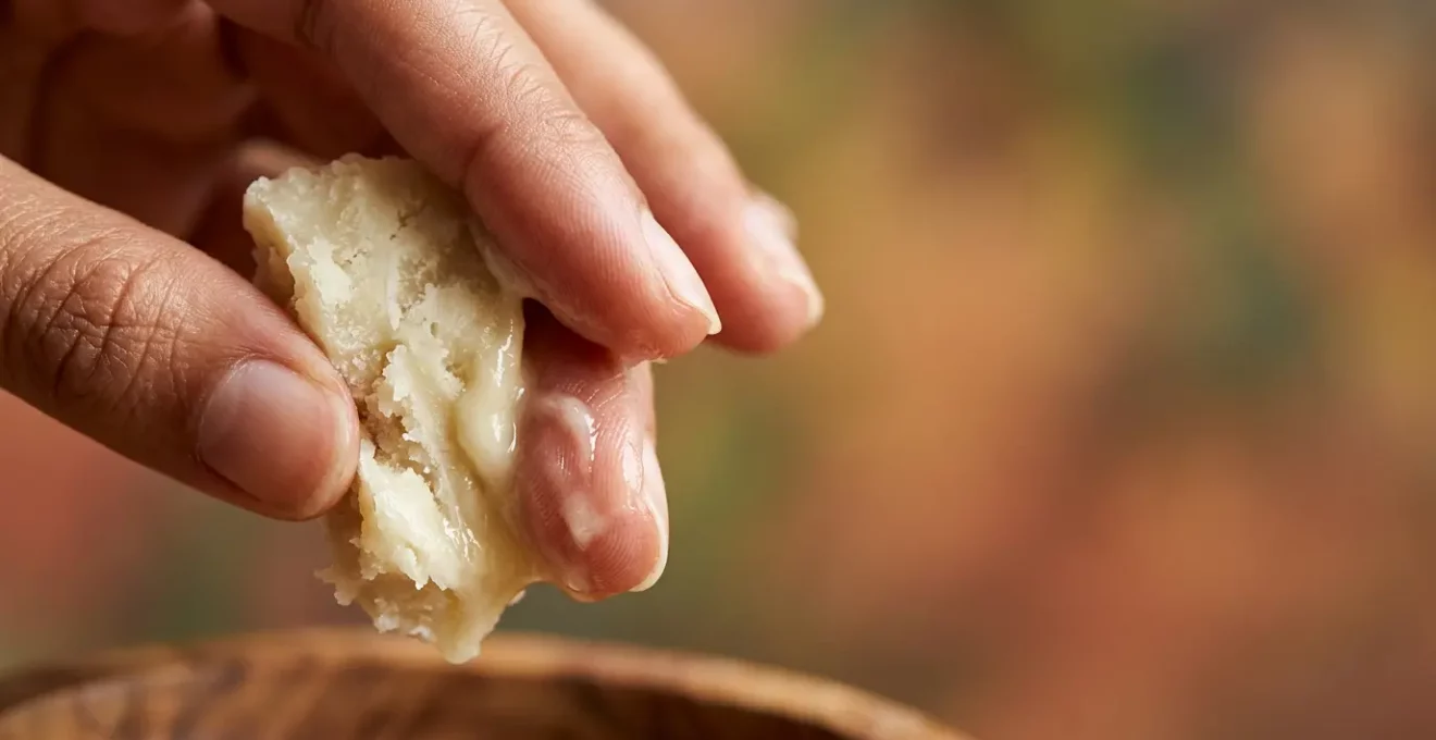 Texture onctueuse de beurre de karité brut entre des mains protectrices