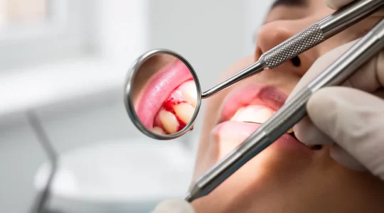 Vue détaillée de l'examen dentaire révélant les dommages du tabac sur les gencives et les dents