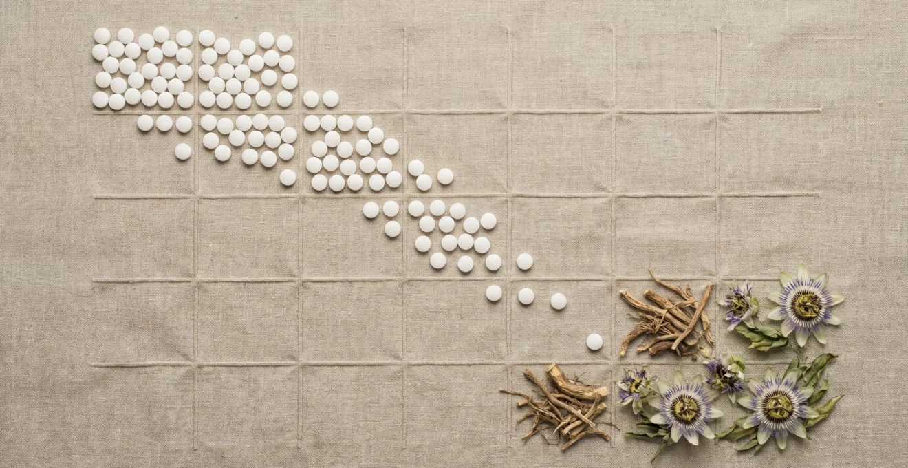 Vue aérienne d'un calendrier de sevrage avec pilules décroissantes et plantes médicinales