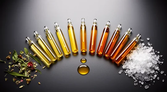 Composition photographique montrant des extraits concentrés en ampoules et leur transformation progressive vers une forme pure