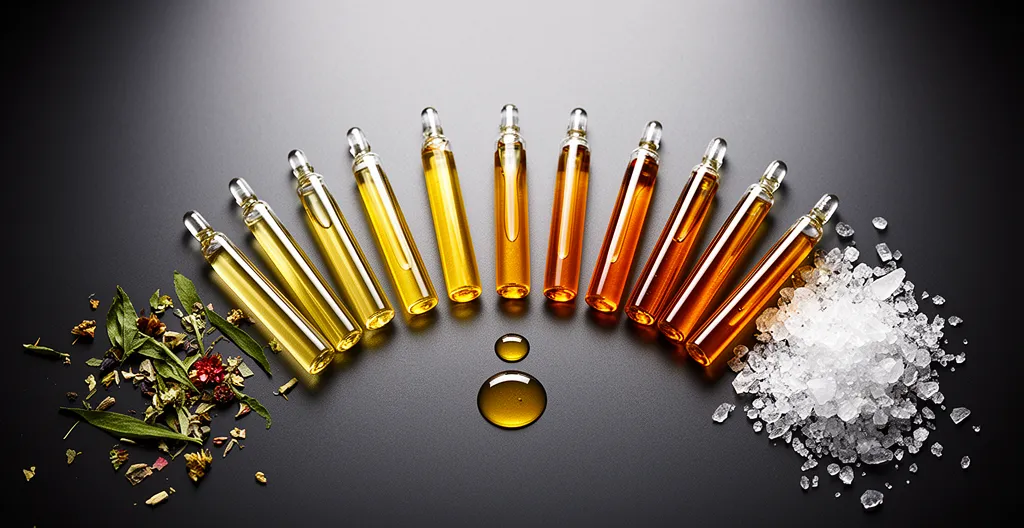 Composition photographique montrant des extraits concentrés en ampoules et leur transformation progressive vers une forme pure