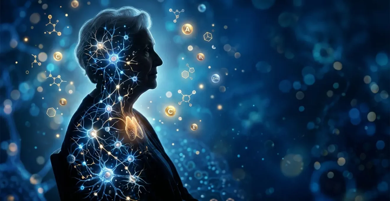 Illustration conceptuelle montrant le système immunitaire d'une personne âgée avec des cellules T et des symboles de défense naturelle