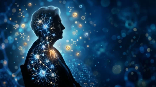 Illustration conceptuelle montrant le système immunitaire d'une personne âgée avec des cellules T et des symboles de défense naturelle