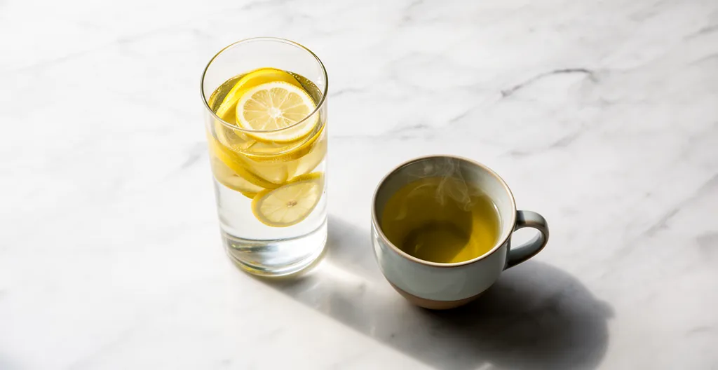 Composition minimaliste avec verre d'eau citronnée et tasse de thé vert sur surface blanche