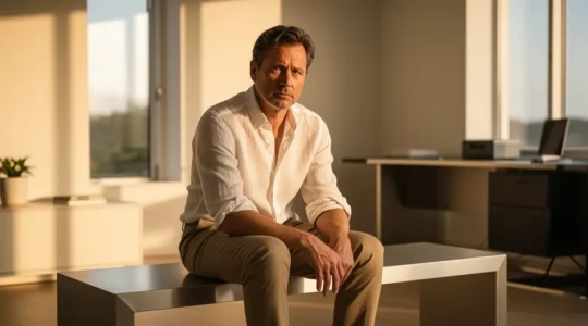 Portrait d'un homme quadragénaire dans un environnement apaisant naturel montrant les signes subtils de fatigue et de réflexion