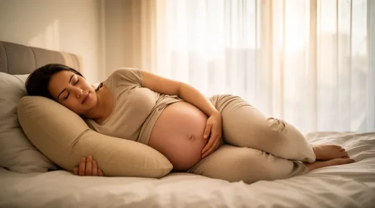 Femme enceinte dormant paisiblement sur le côté avec un coussin d'allaitement soutenant son ventre et ses jambes