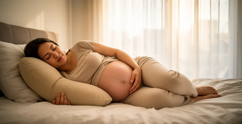 Femme enceinte dormant paisiblement sur le côté avec un coussin d'allaitement soutenant son ventre et ses jambes