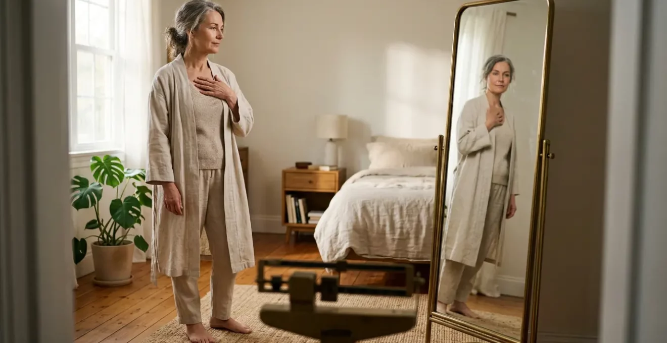 Femme de 50 ans regardant son reflet dans un miroir avec une balance à ses pieds