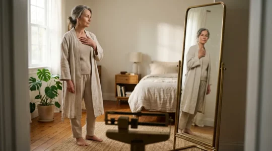 Femme de 50 ans regardant son reflet dans un miroir avec une balance à ses pieds