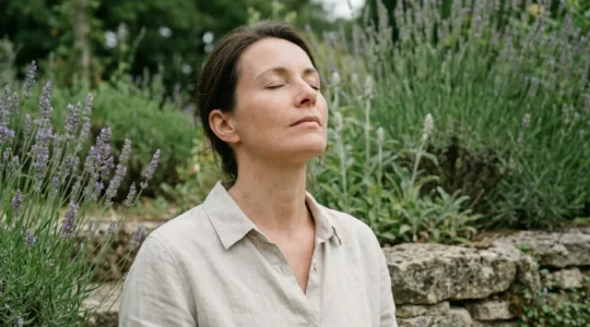 Femme pratiquant la respiration consciente pour gérer le stress naturellement