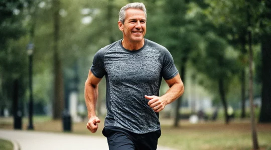 Homme quinquagénaire marchant énergiquement dans un parc ensoleillé
