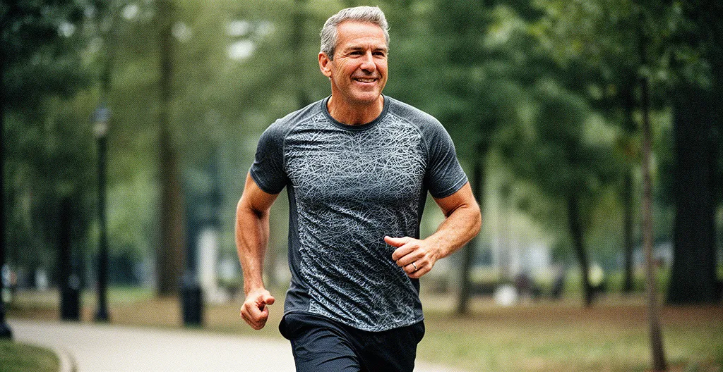 Homme quinquagénaire marchant énergiquement dans un parc ensoleillé