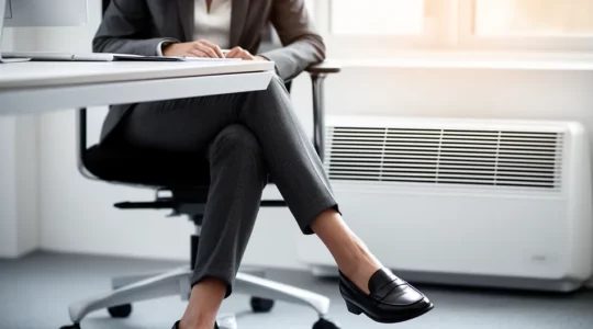 Femme au bureau montrant des signes d'inconfort dans les jambes, environnement de travail moderne avec climatisation visible