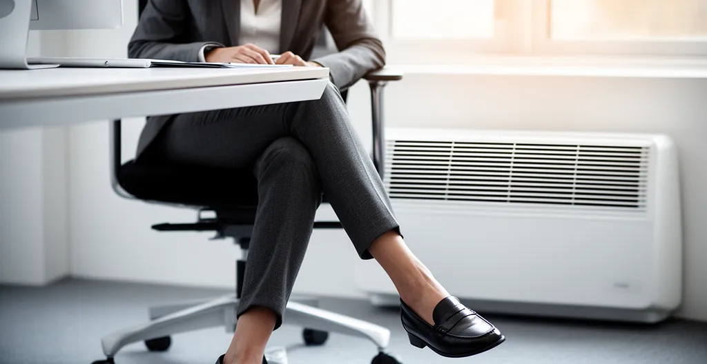 Femme au bureau montrant des signes d'inconfort dans les jambes, environnement de travail moderne avec climatisation visible