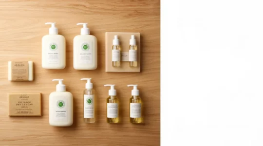 Comparaison visuelle des labels bio pour cosmétiques bébé dans un environnement naturel