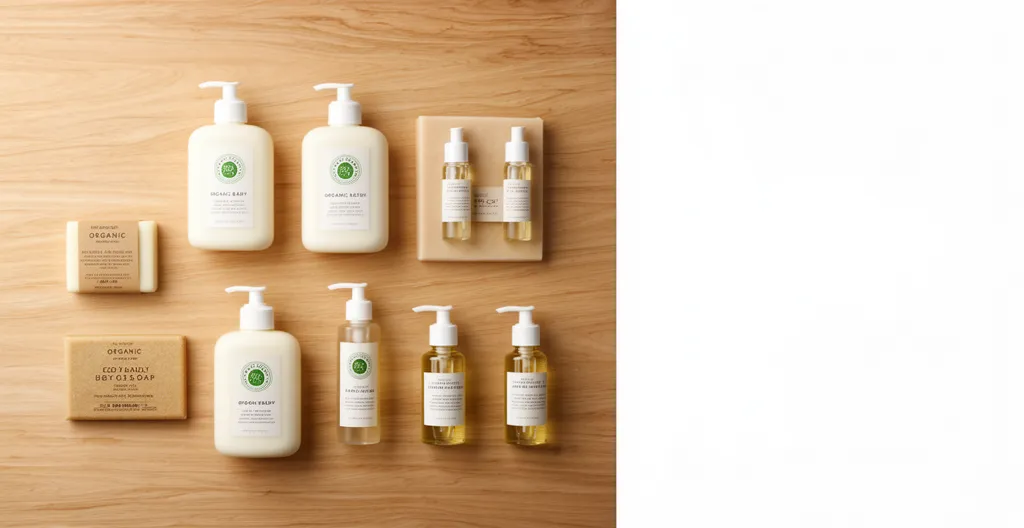 Comparaison visuelle des labels bio pour cosmétiques bébé dans un environnement naturel