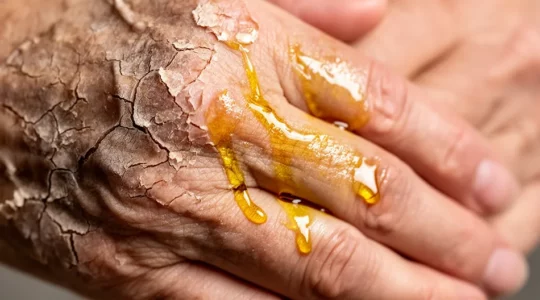 Mains féminines appliquant de l'huile végétale dorée sur une peau abîmée avec texture visible