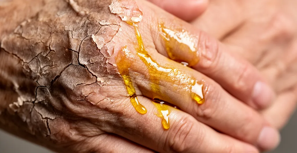 Mains féminines appliquant de l'huile végétale dorée sur une peau abîmée avec texture visible