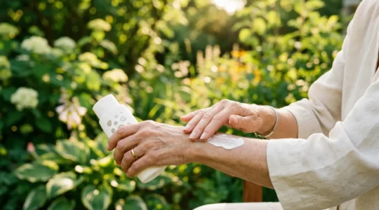 Mains d'une femme mature dans un jardin ensoleillé appliquant une protection solaire