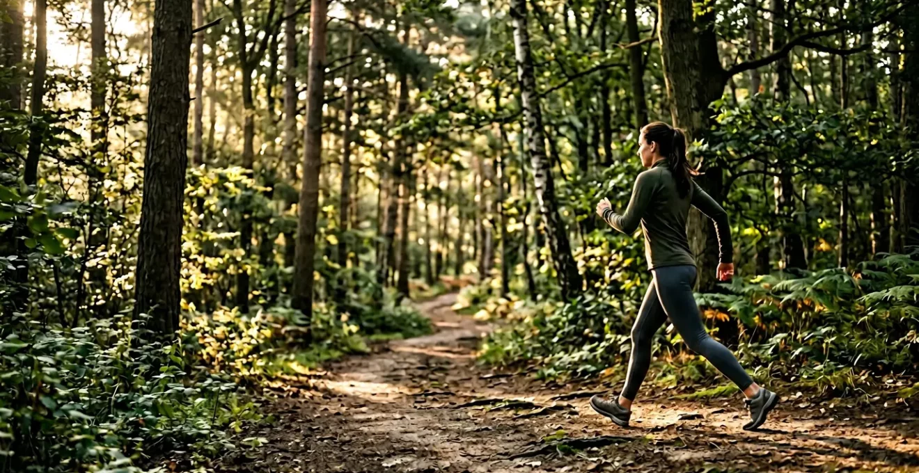 Personne pratiquant la marche active avec mouvements de bras dynamiques en pleine nature