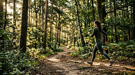 Personne pratiquant la marche active avec mouvements de bras dynamiques en pleine nature