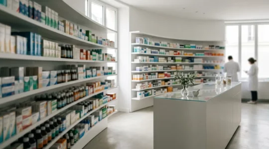 Vue d'une officine française avec des étagères de médicaments et un comptoir pharmaceutique