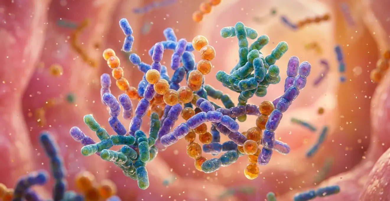 Vue artistique du microbiote intestinal avec des colonies bactériennes bénéfiques dans un environnement lumineux et sain