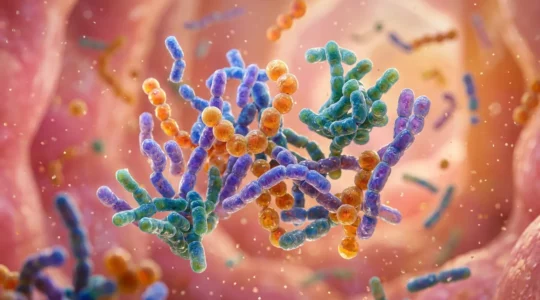 Vue artistique du microbiote intestinal avec des colonies bactériennes bénéfiques dans un environnement lumineux et sain