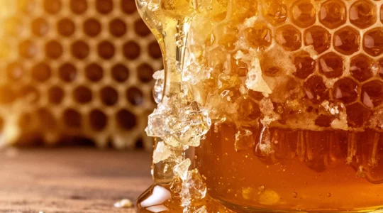 Texture dorée et visqueuse de miel naturel en gros plan macro