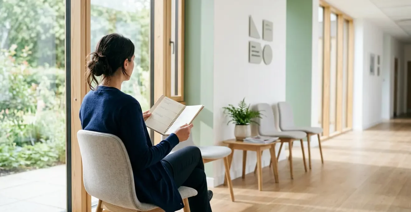 Vue d'une salle d'attente de centre médico-psychologique moderne avec un patient consultant un calendrier