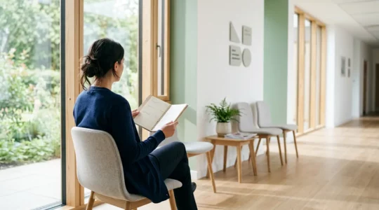 Vue d'une salle d'attente de centre médico-psychologique moderne avec un patient consultant un calendrier