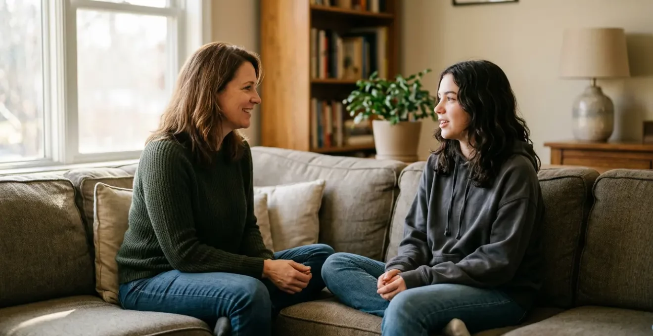 Parent et adolescent en discussion ouverte dans un environnement familial chaleureux