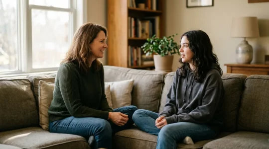 Parent et adolescent en discussion ouverte dans un environnement familial chaleureux
