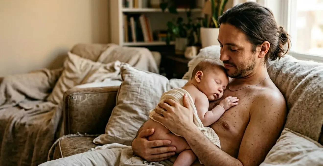 Moment intime de peau à peau entre parent et bébé dans une atmosphère douce et chaleureuse