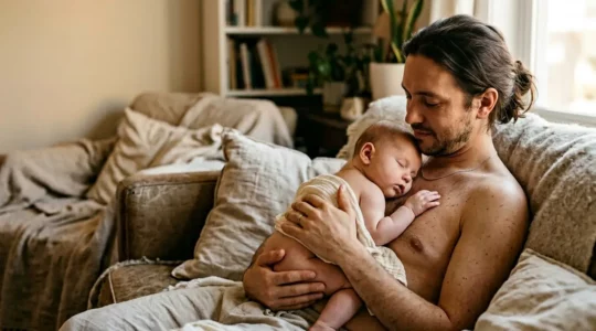Moment intime de peau à peau entre parent et bébé dans une atmosphère douce et chaleureuse