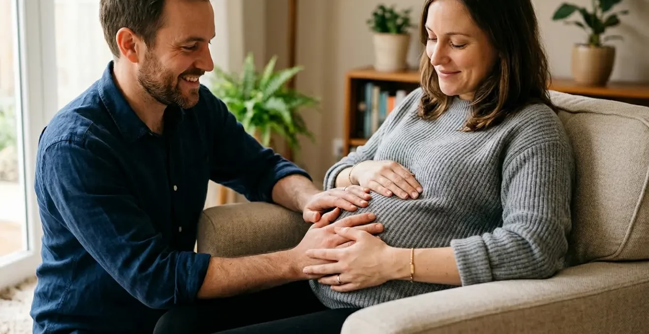 Père posant délicatement ses mains sur le ventre arrondi de sa partenaire enceinte dans un moment d'échange tactile avec le bébé