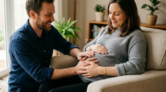 Père posant délicatement ses mains sur le ventre arrondi de sa partenaire enceinte dans un moment d'échange tactile avec le bébé