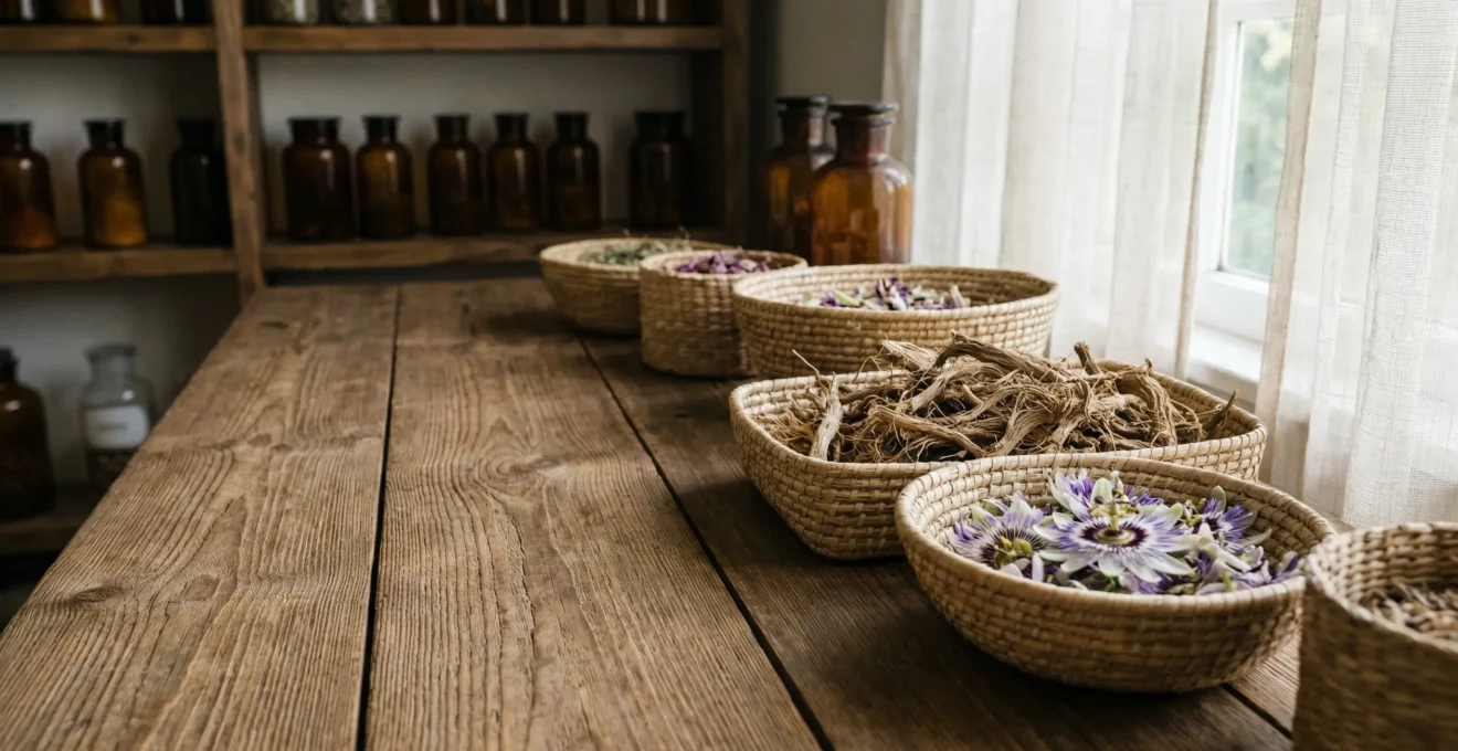 Composition apaisante de racines de valériane et fleurs de passiflore sur table en bois naturel dans une atmosphère relaxante