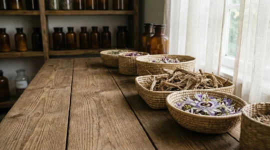 Composition apaisante de racines de valériane et fleurs de passiflore sur table en bois naturel dans une atmosphère relaxante