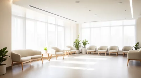 Salle d'attente lumineuse et apaisante d'un centre d'addictologie avec espaces accueillants