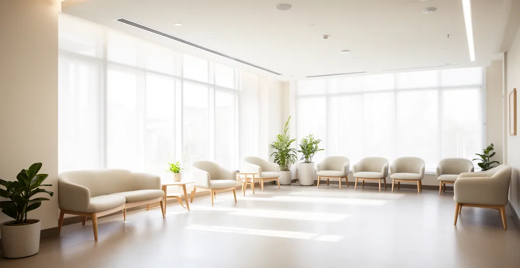Salle d'attente lumineuse et apaisante d'un centre d'addictologie avec espaces accueillants