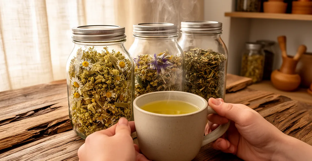 Préparation d'infusion aux plantes adaptogènes en naturopathie