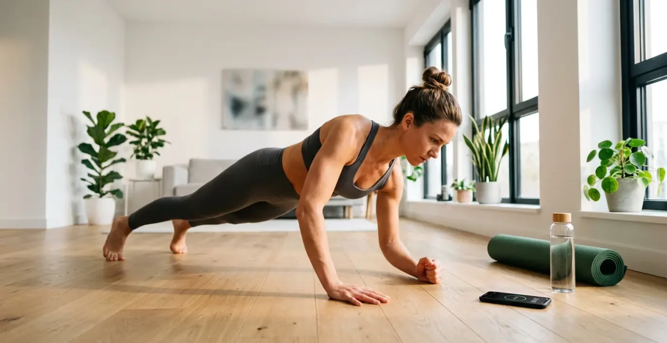Personne pratiquant des exercices au poids du corps dans un salon lumineux avec tapis de yoga et haltères
