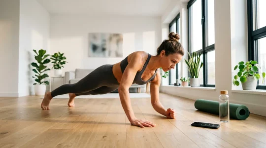 Personne pratiquant des exercices au poids du corps dans un salon lumineux avec tapis de yoga et haltères