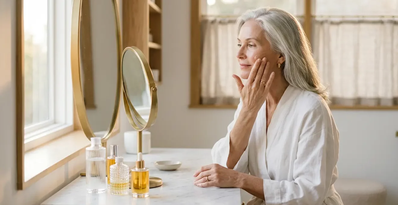 Femme de 60 ans appliquant délicatement une crème sur son visage dans une ambiance douce et lumineuse