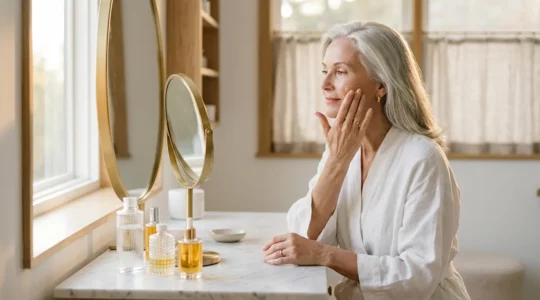 Femme de 60 ans appliquant délicatement une crème sur son visage dans une ambiance douce et lumineuse